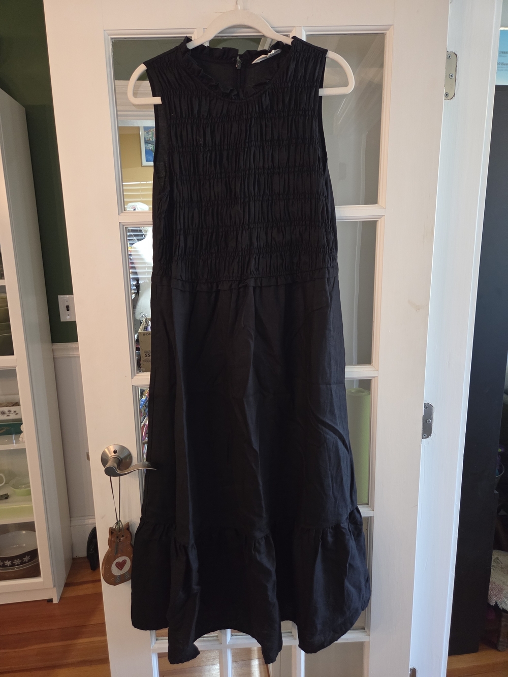 Boden Black Smocked Linen Midi Dress with Ruffle Hem - Size 14R - Picture 2 of 7